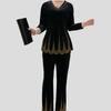 2pcs Pants Suit Spring Women's  Plus-size Velvet Blouse Rhinestone Elastic Waistband High-waist Velvet Pants Two-piece Set