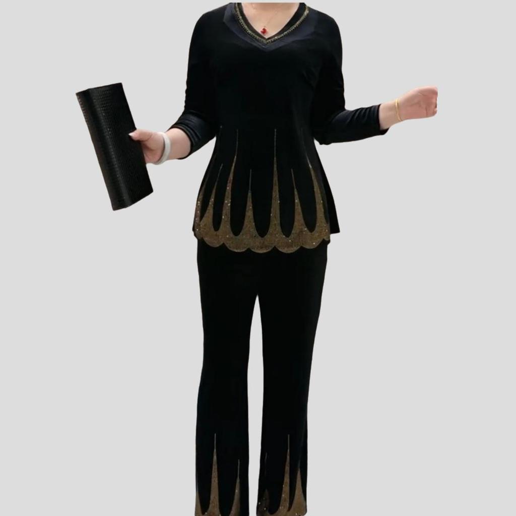 2pcs Pants Suit Spring Women's Plus-size Velvet Blouse Rhinestone Elastic Waistband High-waist Velvet Pants Two-piece Set
