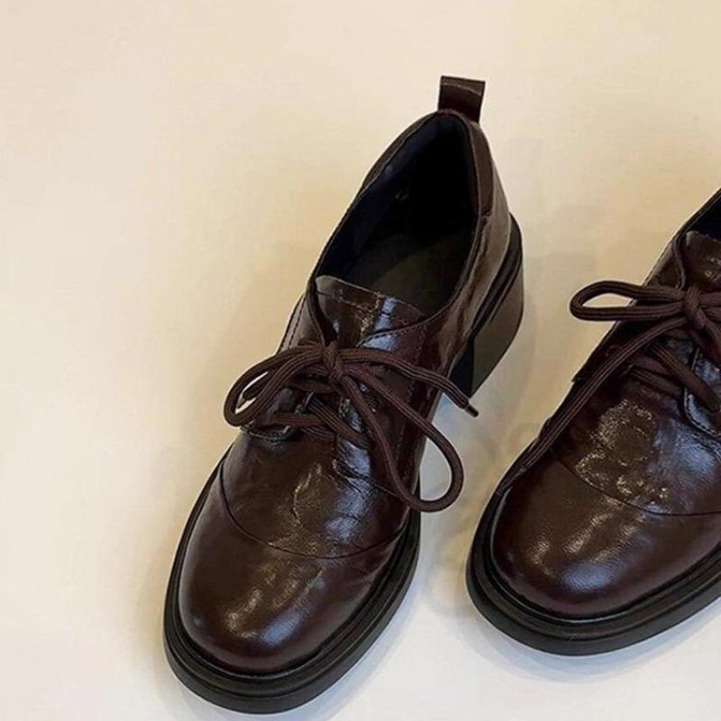 Damskie Sznurowane Baleriny ze Skóry na Obcasie, Szpilki, Buty na Grubej Podeszwie