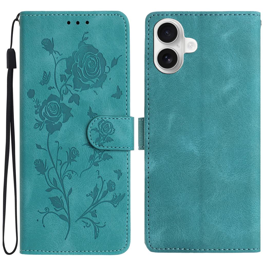 For iPhone 17 Wallet Case Rose Pattern Imprinted Leather Flip Stand Phone Cover with Strap