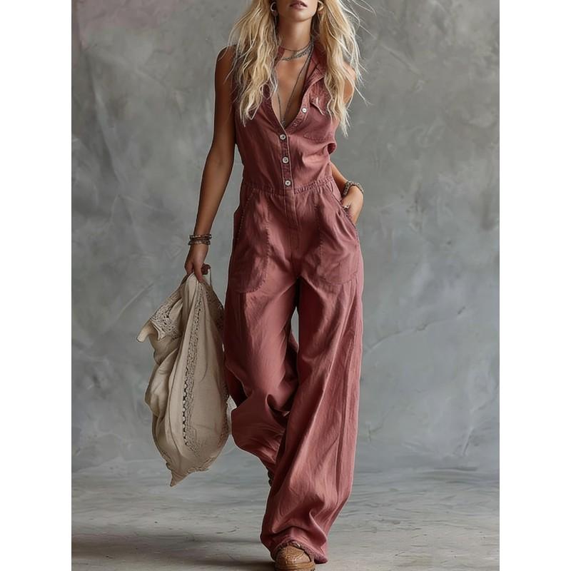 2026 Linnenmix Mouwloze V-hals Jumpsuit Hoge Taille Rechte Pijp Romper Dames Casual Straatkleding