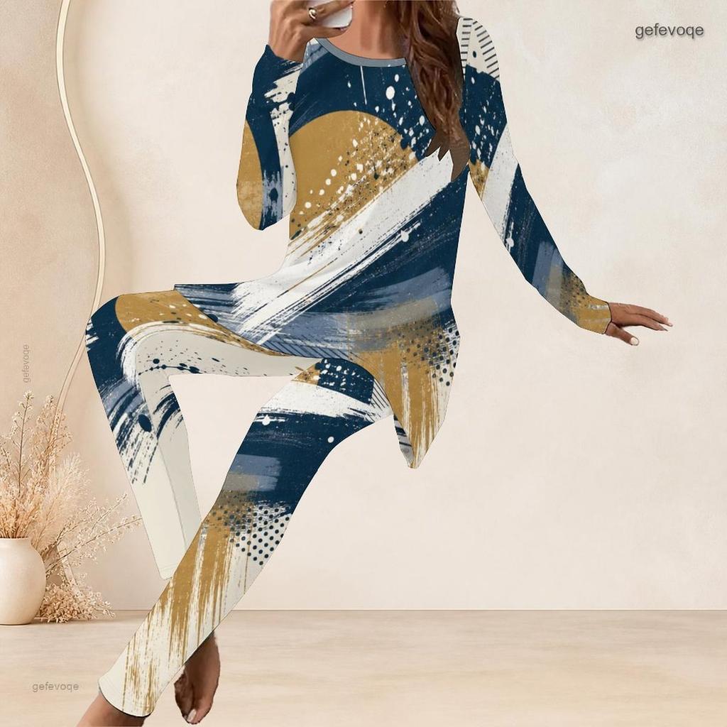 Women Plus Size Navy Blue Gold White Printed Round Neck Long Sleeve Longline Top Fitted Pants Two Piece Set