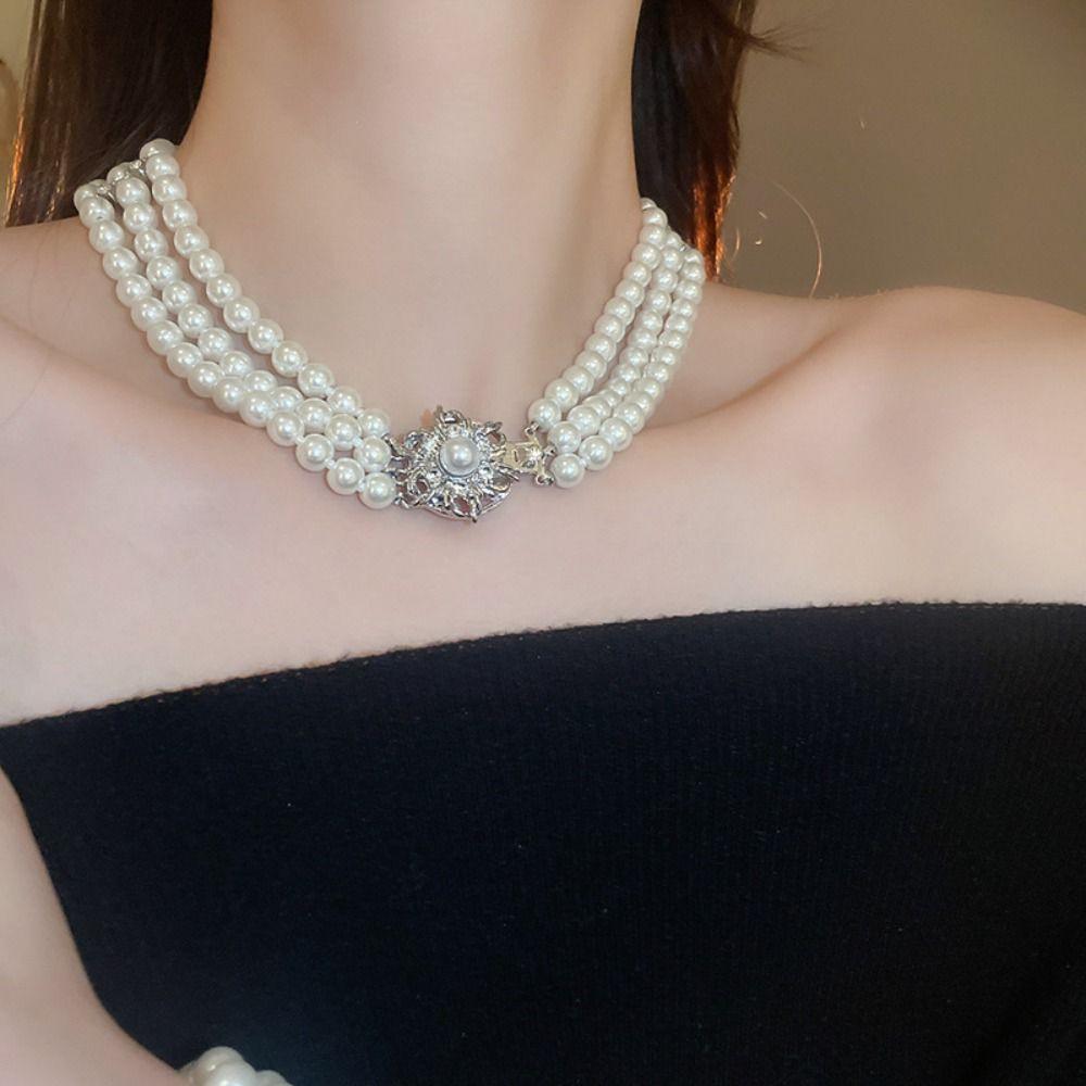 Chain Crystal Clavicle Chain Hand Ring Flower Bracelet Three Layer Pearl Necklace  Birthday Gift