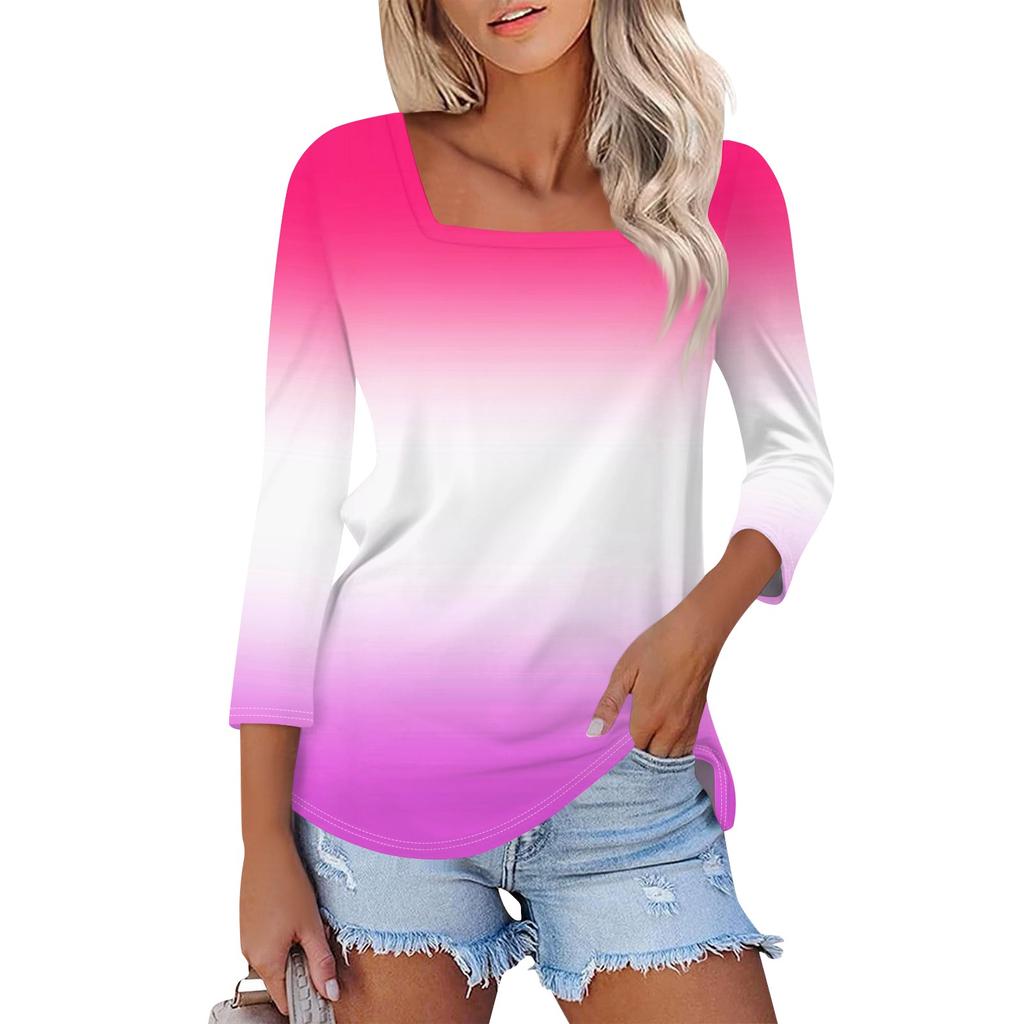 Shirt For Women's Fashion Casual Square Neck 3/4 Sleeve Loose Printed T-Shirt Ladies Top