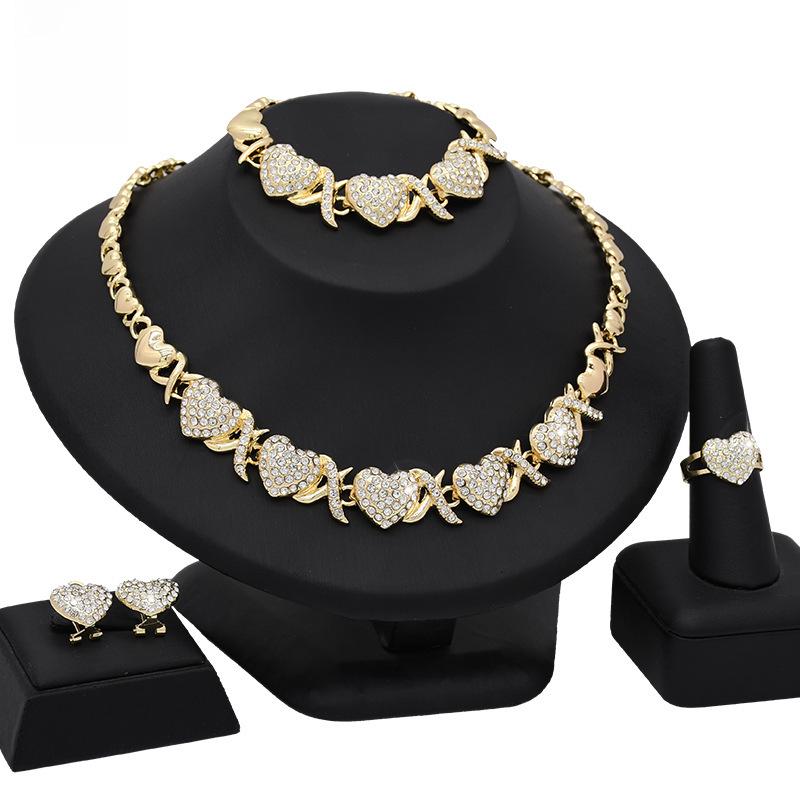

New Dubai 18K/24K Heart-Shaped Diamond Jewelry Set: African Wedding Necklace, Ring, Earrings, Bracelet - 4 Piece Set