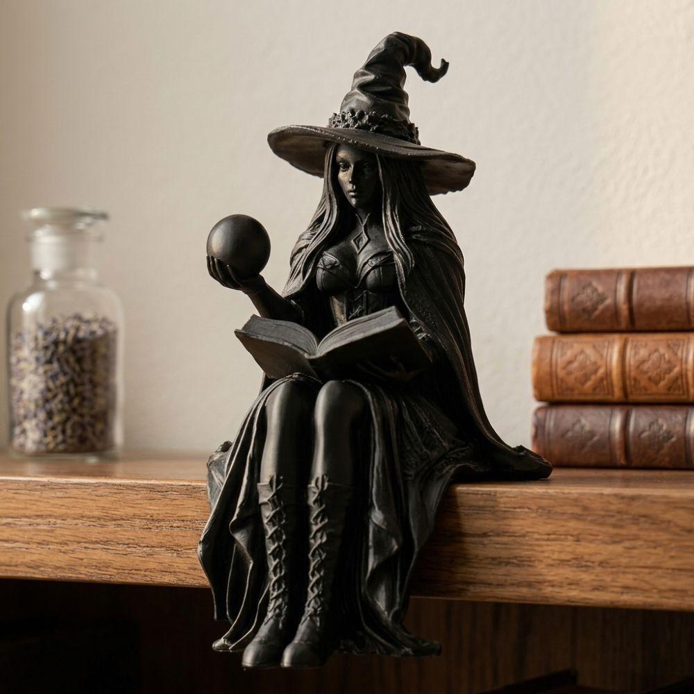 Con Palla Libro Strega di Halloween Sitter per Scaffale Palla di Cristallo Statua di Strega Decorazione per Libreria