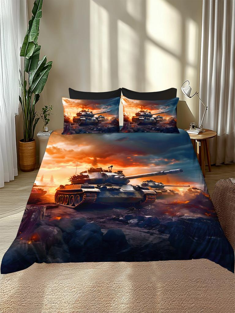 Bedding Digital Printed Quilt Cover Set Featuring a 3D Three-dimensional Tank Pattern. Super Soft Brushed Digital Printed