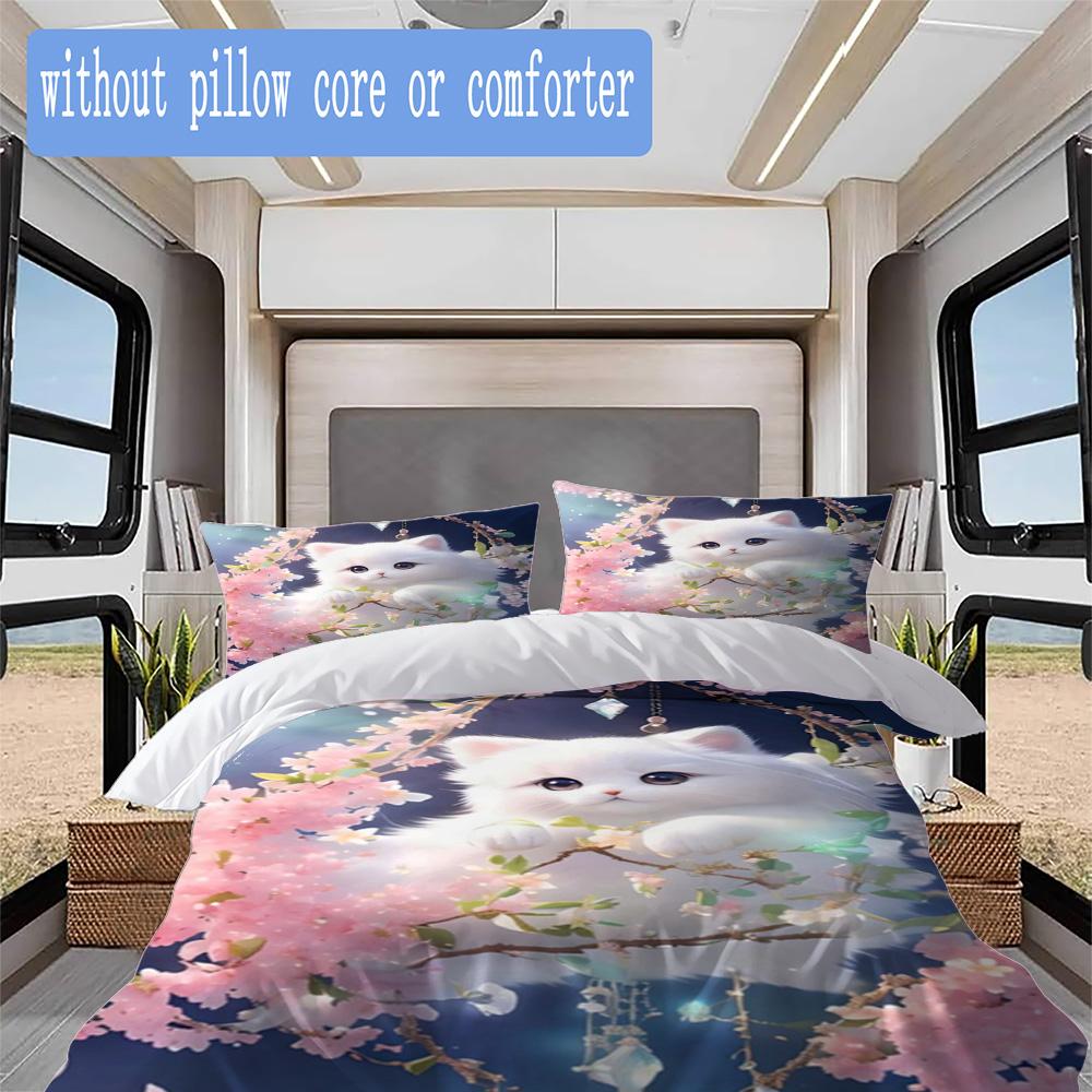 Whimsical cat & florals Pattern Bedding,Quilt Set Quilt Cover Pillowcase Home Birthday Gift (1*duvet cover+2*pillowcase,without core)ZSJT0917425