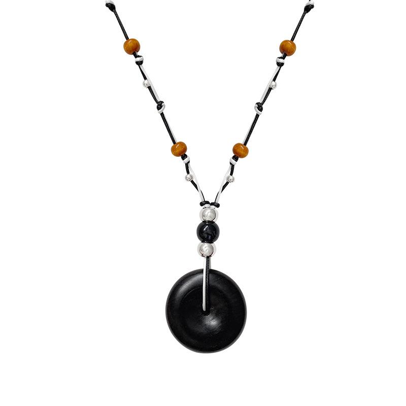 New Chinese wooden safety buckle pendant necklace female retro ethnic style pull rope sweater chain necklace