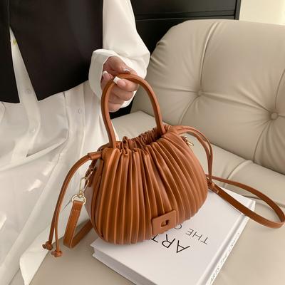 Retro Falten Damen Umhängetasche Mode Kordelzug Mädchen Crossbody Koreanische Damen Handtasche Beuteltasche Metallverzierung PU Material