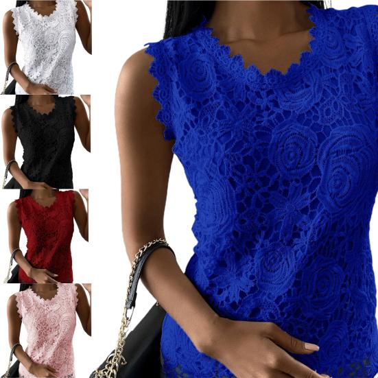 Women T-shirt Lace U Neck Summer Elegant Slim-fitting Pullover for Daily Wear