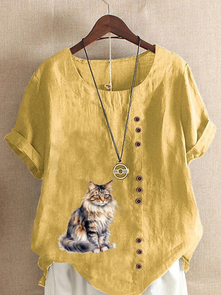 Women's Fashion Cat Print Round Neck Short Sleeve T-shirt Summer Casual Cotton Linen Graphic Shirt Leisure Loose Blouse Tops