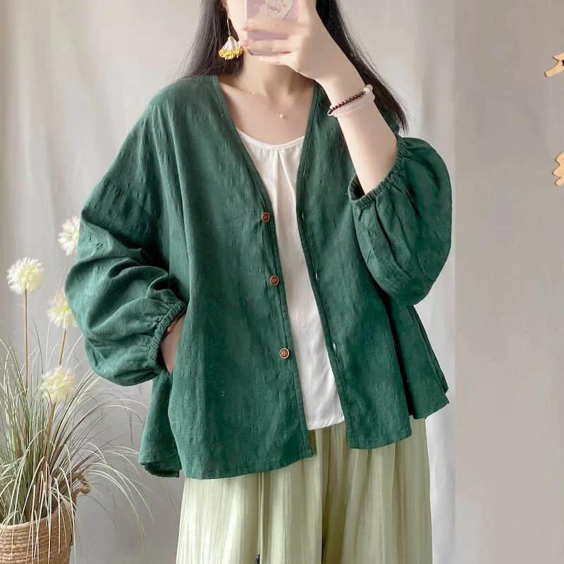 Cotton Linen Shirts for Women Vintage Solid Long Sleeved Loose Casual Korean Style Single Breasted One Piece Blouse Women