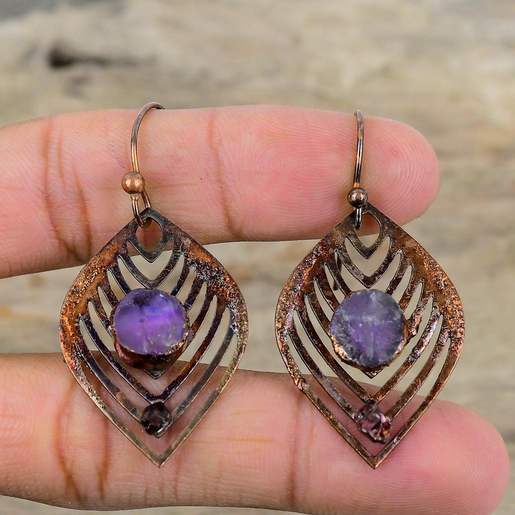 African Amethyst Rough Earring Pink Tourmaline Rough Earring Electroformed Copper Earrings Handmade Gemstone Jewelry Unique Earring For Gift