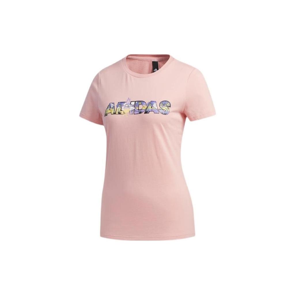 Adidas Letter Print Ribbed Crew Neck Sports T-Shirt Women Tops Pink FT2919