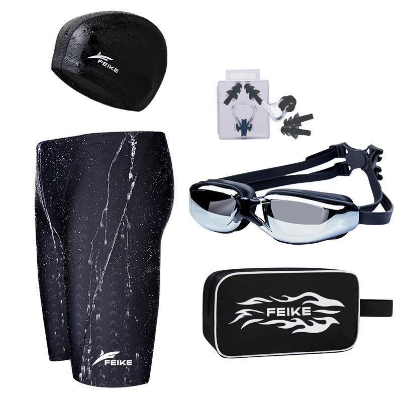 Men’s Quick-Drying Waterproof Swim Trunks with Shark Skin Cap & Goggles Set