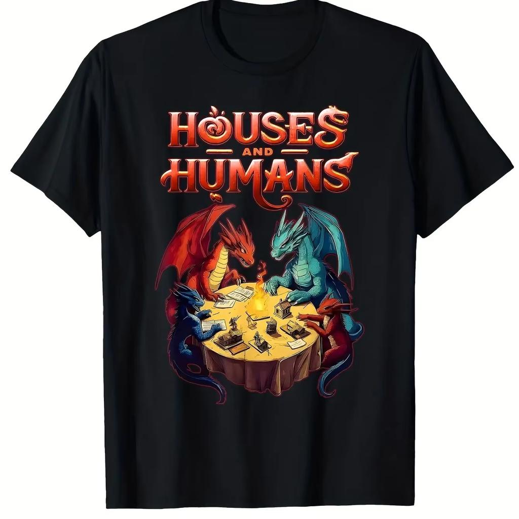 Fun Dungeons&Dragons Inspired Summer Men's T-shirt House&Humans RPG Parody Game Player Tees with Dragon and Wizard Battle Design