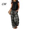 Relaxed Fit Drawstring Pants Women Top 2-Piece Set, Summer Ruffle Mock Neck Sleeveless Lightweight Outfits & Plaid Wide Leg Pants, Vintage Loose