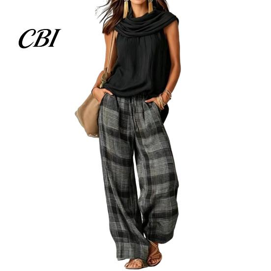 Relaxed Fit Drawstring Pants Women Top 2-Piece Set, Summer Ruffle Mock Neck Sleeveless Lightweight Outfits & Plaid Wide Leg Pants, Vintage Loose