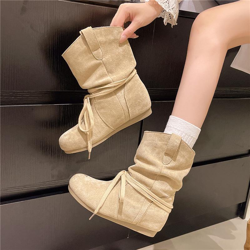 

Huge good-looking retro inner height increase thin small short boots women s new round head flat bottom Martin bare boots 40 абрикосовий