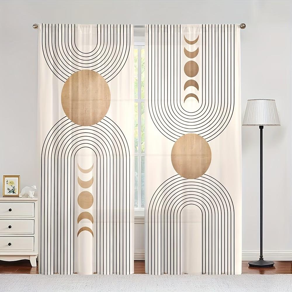 2-Piece Set of Bohemian Moon Phase Curtains, Rod-Pocket Style Semi-Transparent Polyester Curtains, Geometric Line Print Light-Filtering Curtains