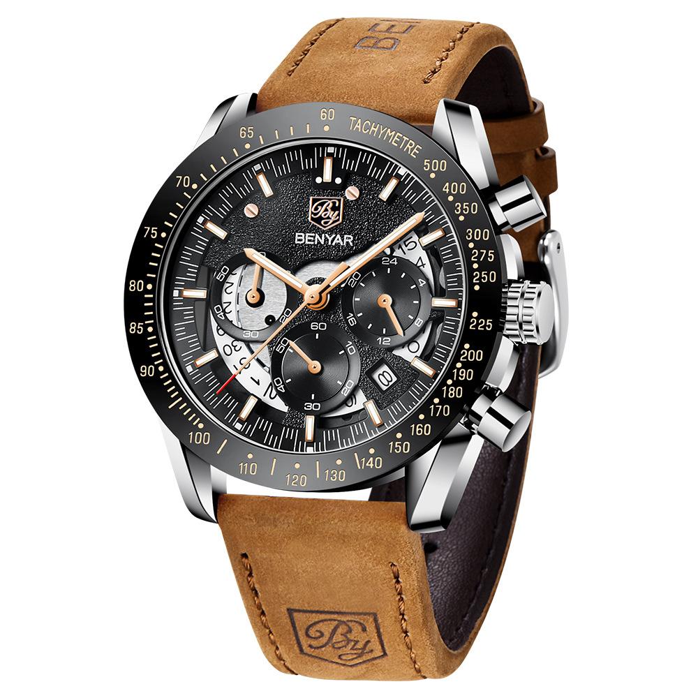Benyar 5120 Watches Relojes Hombre New Men's Business Alloy Casual Stainless Leather Strap Quartz 5120 Wristwatch Fashion Watch