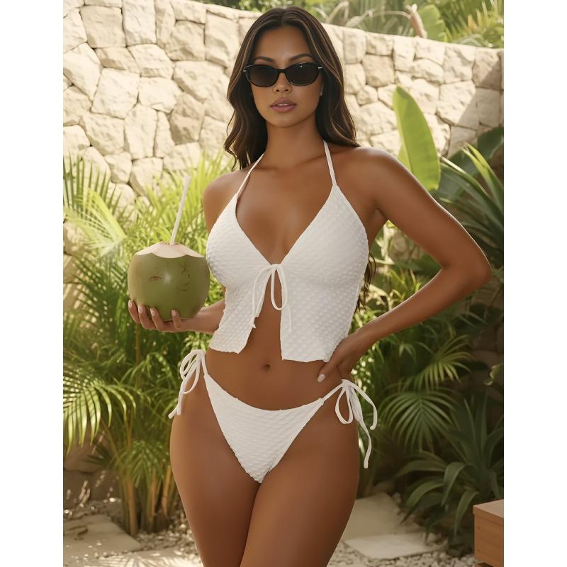 Solid Color Chest Strap Sexy Two-piece Bikini Swimsuit S белый