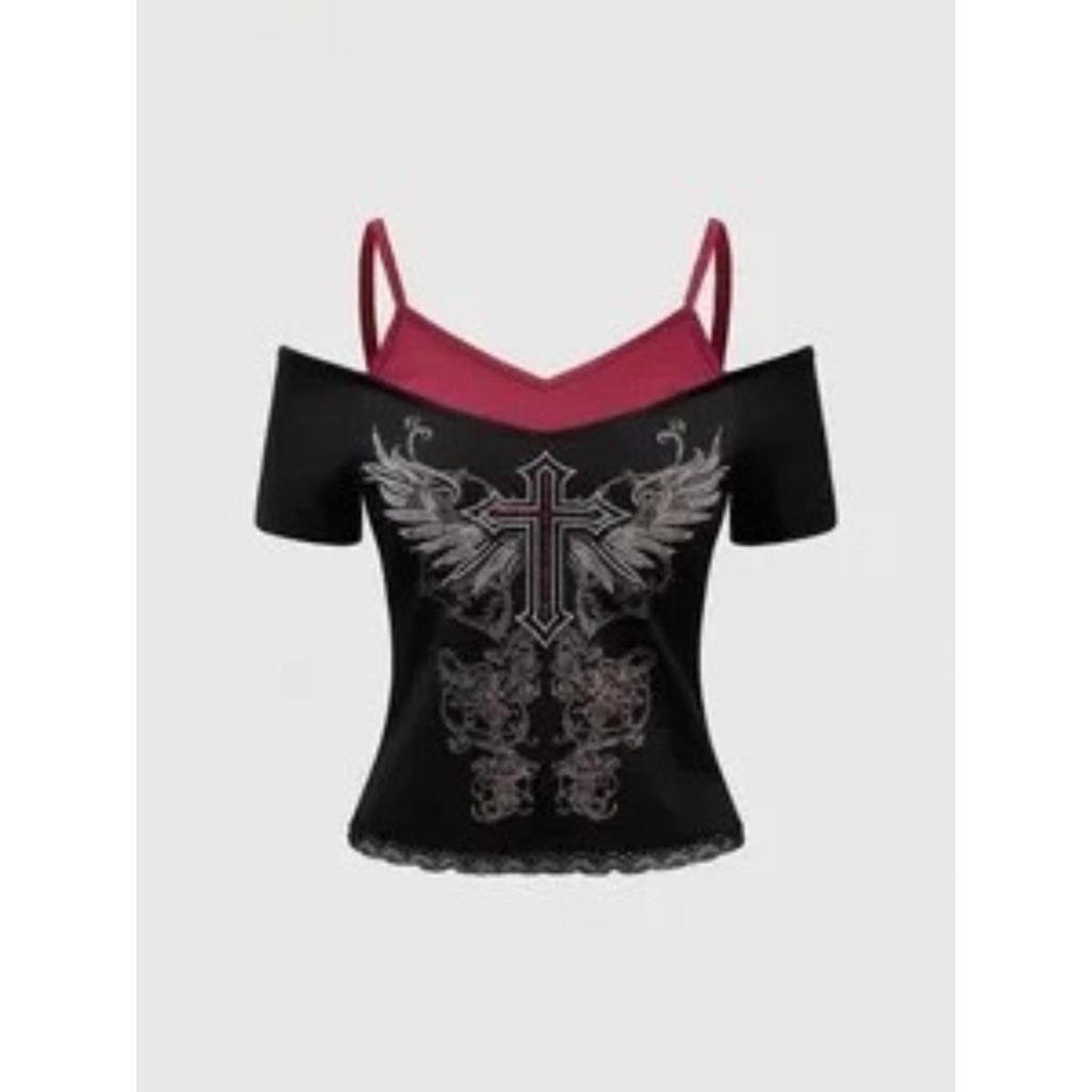 Damen 90er Vintage Punk T-Shirt Streetwear Sexy Kurzarm Gothic Slim Crop Top Hotgirl Lässig Femme Tee Harajuku Y2k