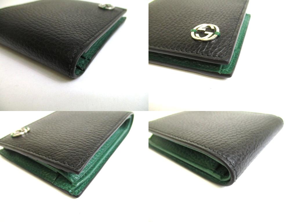 Authentisches GUCCI GG Schwarz Grün Leder Bifold Geldbörse Kompakte Geldbörse #a845 Aufgearbeitet