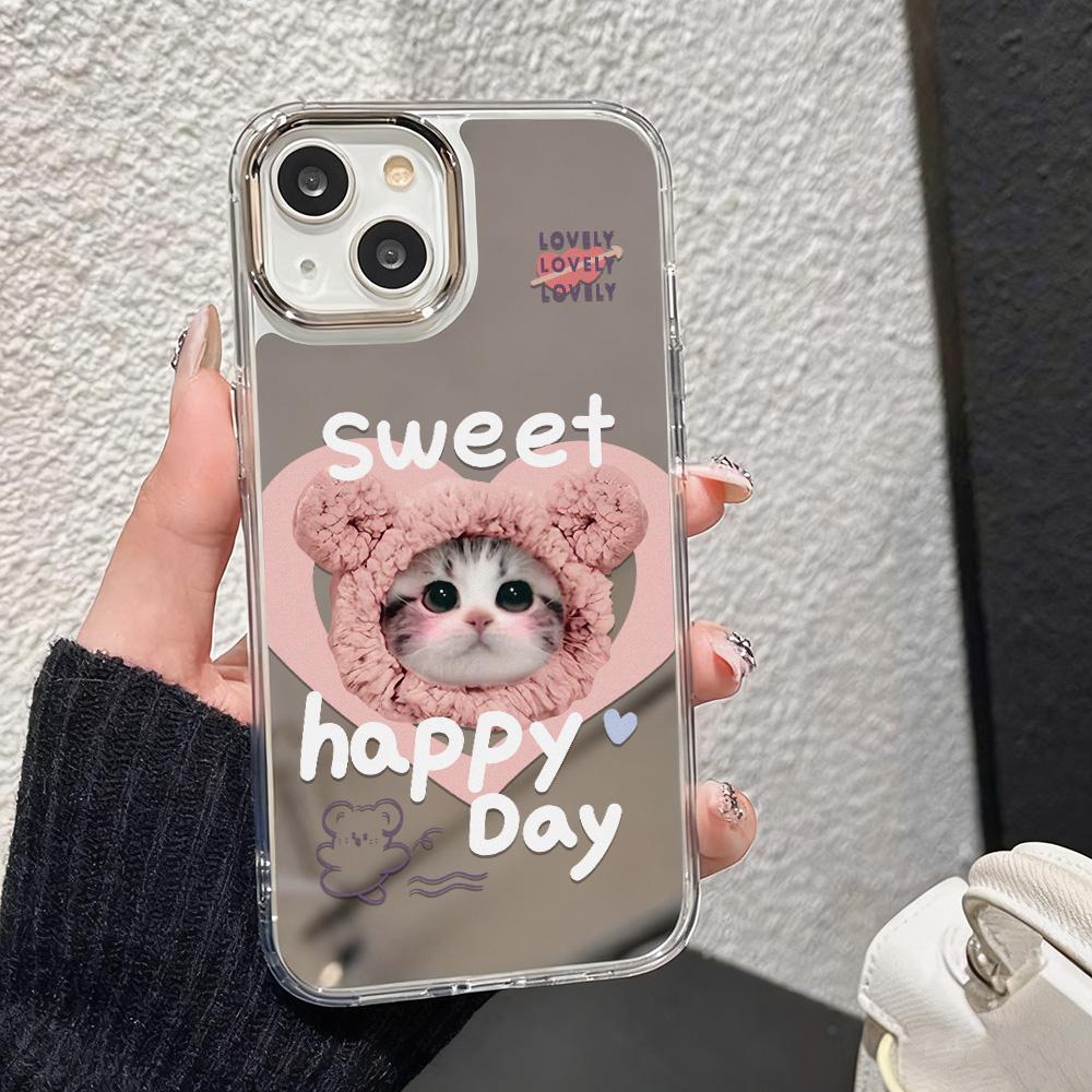 Fashion Cat Luxury Make Up Mirror Phone Case For IPhone 17e 16e Air Pro Max 17 16 13 11 15 14 12 Animal Funda Anti-drop Cover