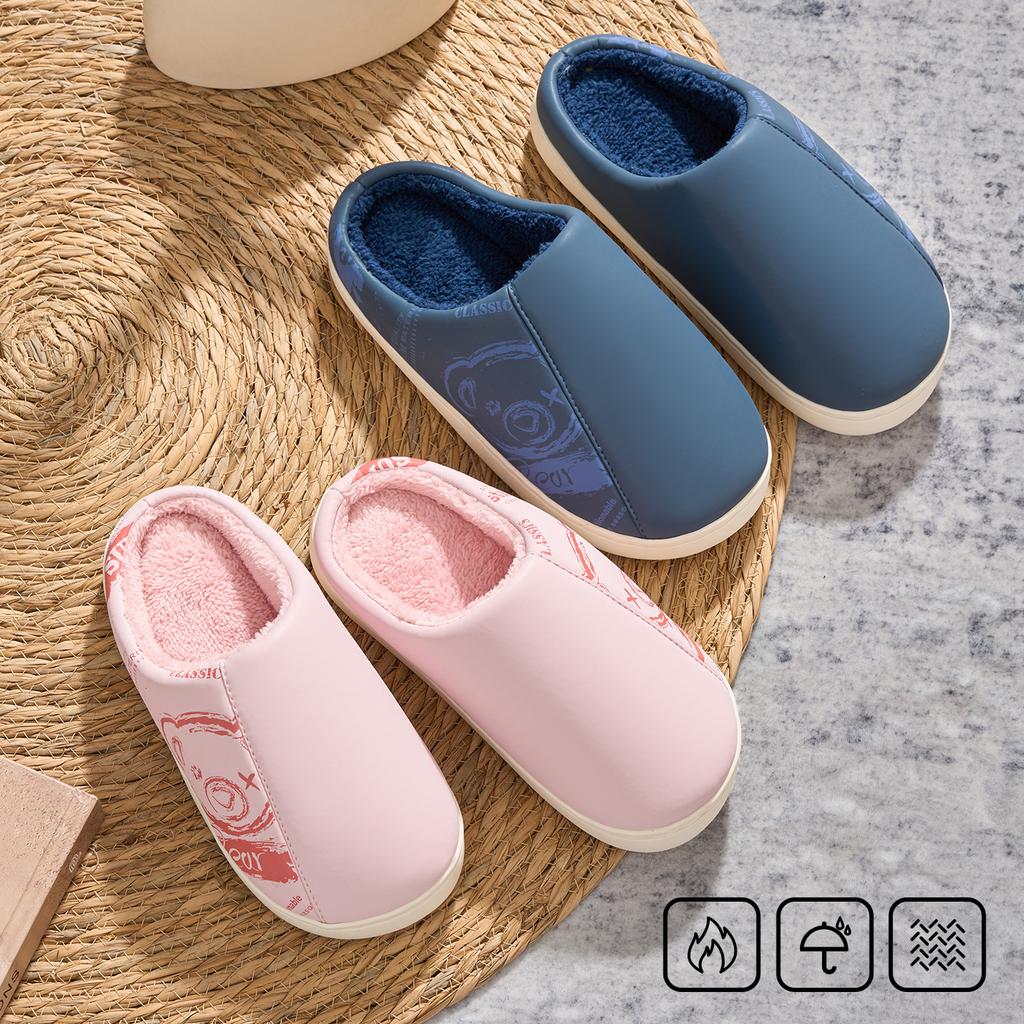 Couple pu leather waterproof cotton slippers autumn and winter home soft bottom non-slip piled warm plush cotton mop