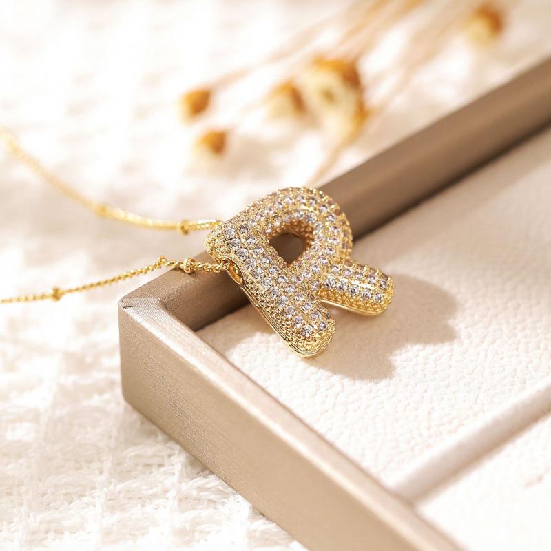 26-Letter Alphabet Pendant Necklace with Copper Clavicle Chain and Micro-Inlaid Zircon