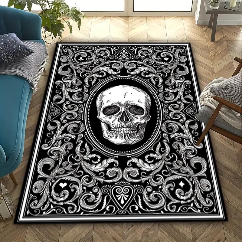 1PC Skull Dark Gothic Pattern Printed Carpet Rug for Living Room Bedroom Home Sofa Decoration,Non-slip Floor Mat Floor Mat