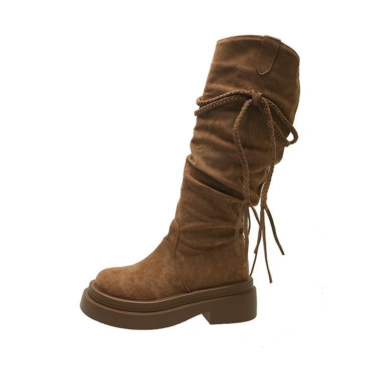 

Fashion Thick Bottom Women s Knee-High Long Boots Autumn Winter Pleated Fringe Black Boots 2025 New Fashion Botas Mujer Size 35 40 40 коричневый