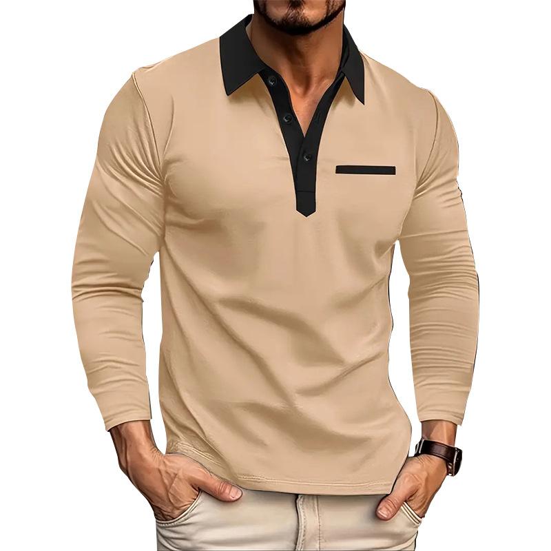 Spring Autumn Men's Polo Shirt Long Sleeve Turn Down Collar Fashion Patchwork Polos Men