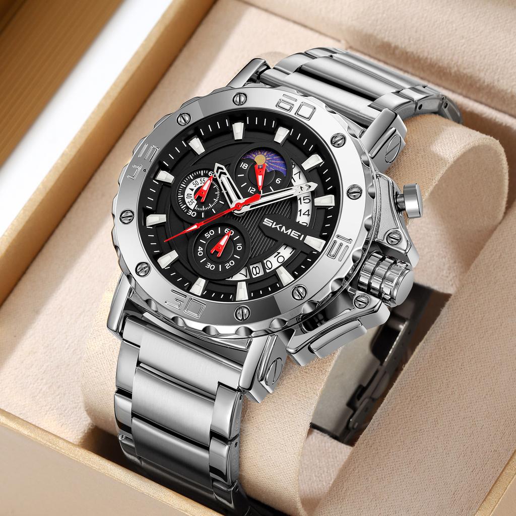 Luxury Quartz Waterproof Watches Multifunction Date Display Watch for Men Luminous Hands Stainless Steel
