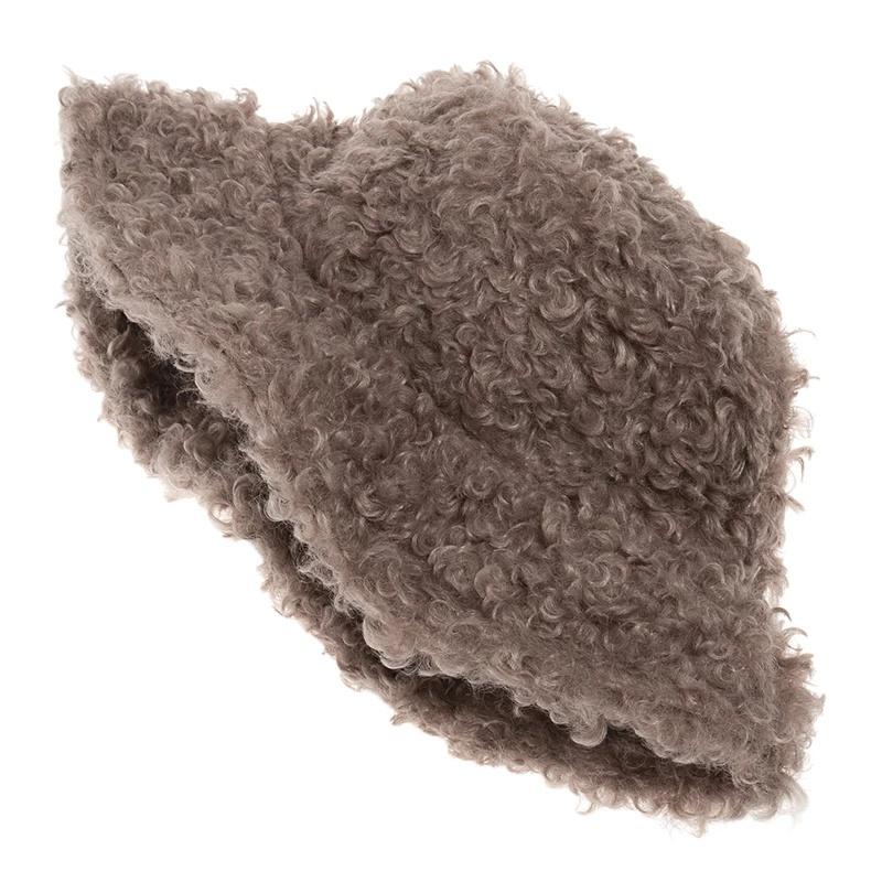 New Outdoor Warm Lamb Faux Fur Bucket Hat Black Solid Fluffy Fishing Cap Fisherman Women Winter