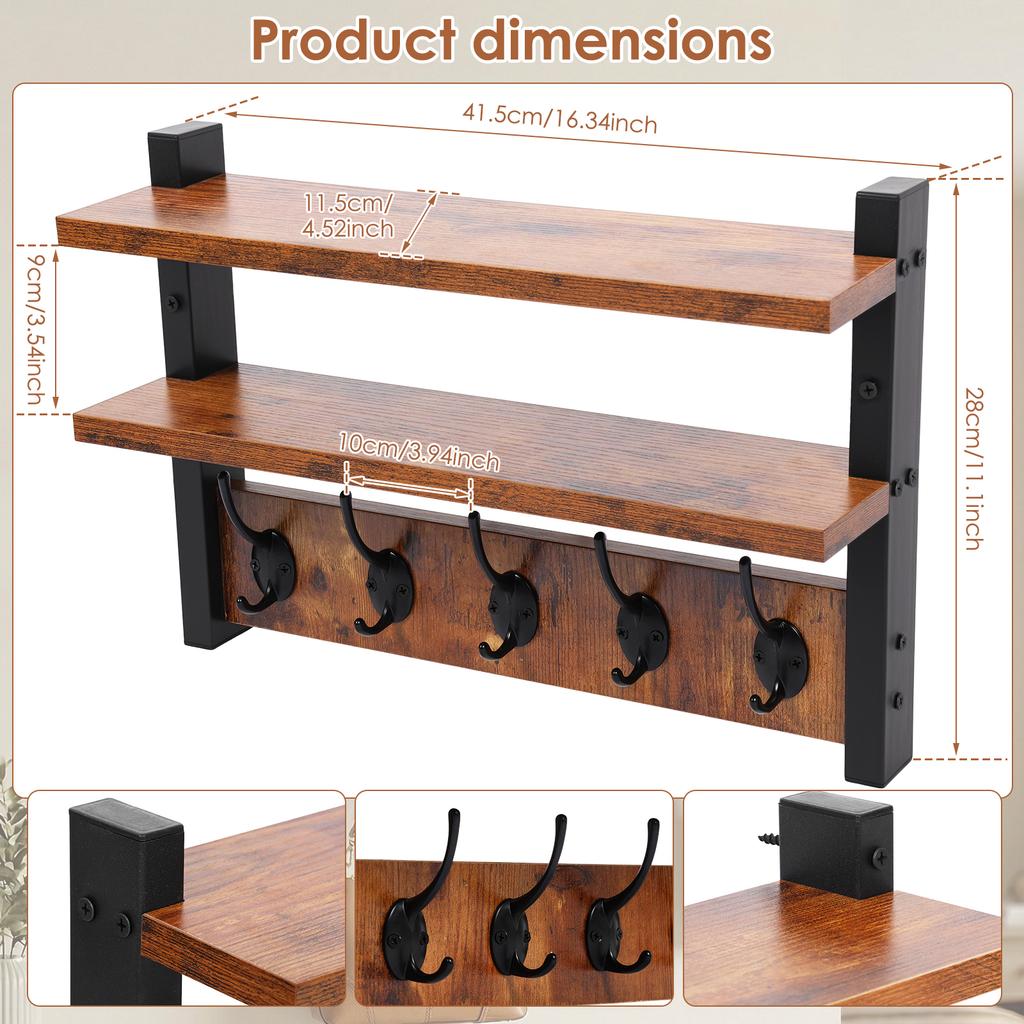 1/2 Layer Wall Mount Coat Rack 2 in 1 Wooden Storage Rack with Shelf and 5 Metal Hangers Multi-role Hanging Shelves for Entryway