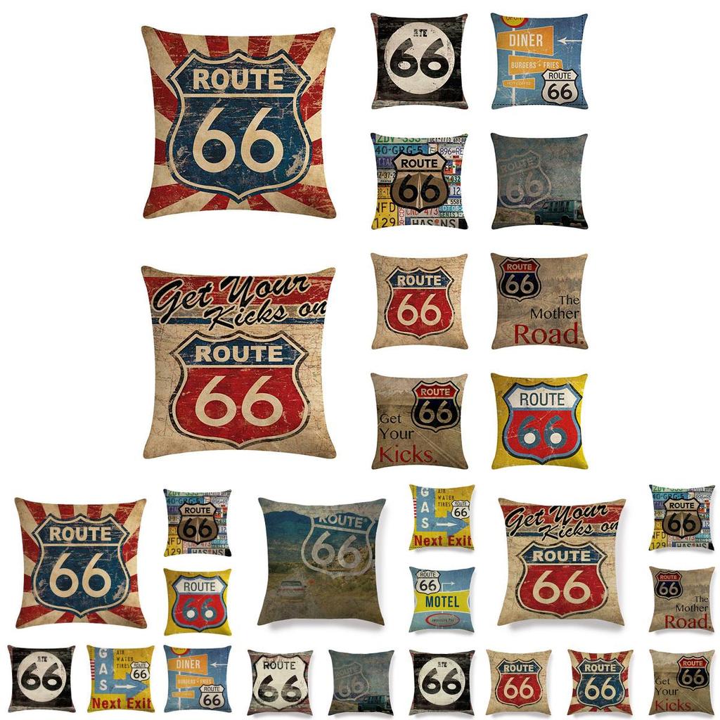 Eye-catching Route 66 Cotton Linen Pillow Cover With Invisible Zipper And Art Deco Style