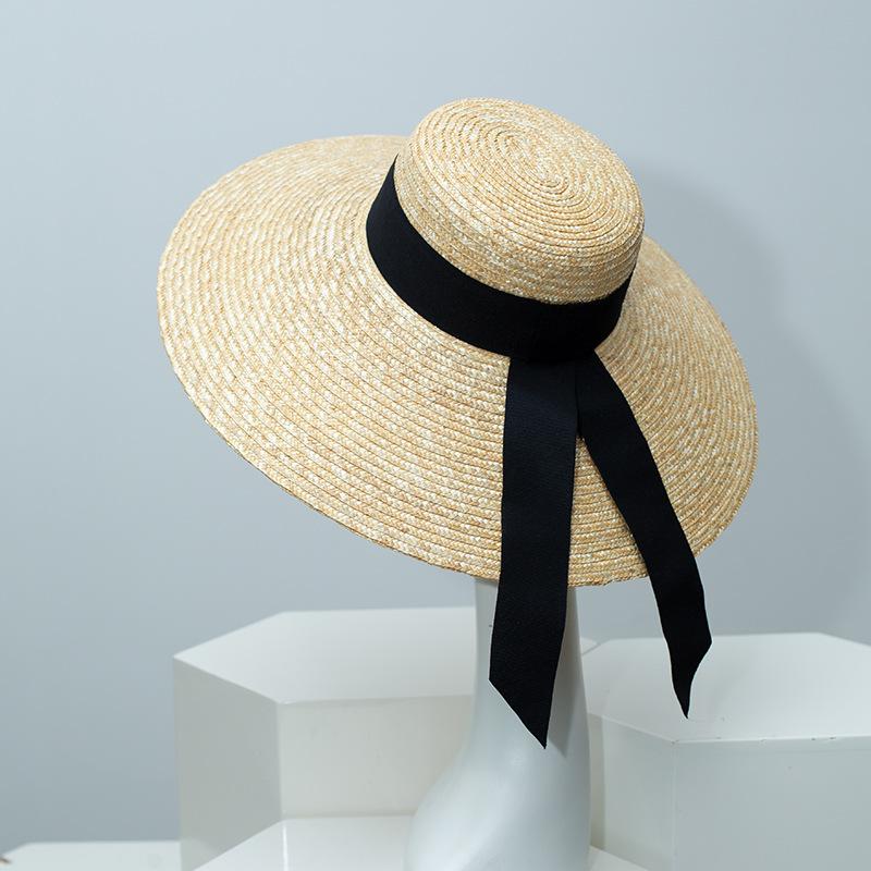 Female Natural Stiff Wheat Straw Boater Hat Summer Flat Top Fedora Hat Women Wide Brim Sun Hats for Travel Beach Jazz Panama New
