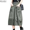 ZANZEA Dame Casual Elastisk Midje Løse Sommer Midi Skjørt