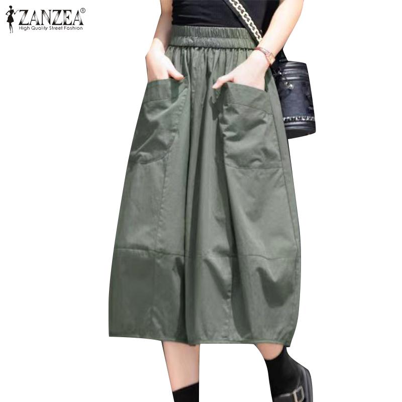 ZANZEA Dame Casual Elastisk Midje Løse Sommer Midi Skjørt