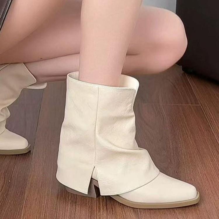 Fashion Elegant Thick Heel White Ankle Boots Women 2025 Autumn Pointed Toe Medium Heel Black Pleated Chelsea Boots Solid Woman's Shoes
