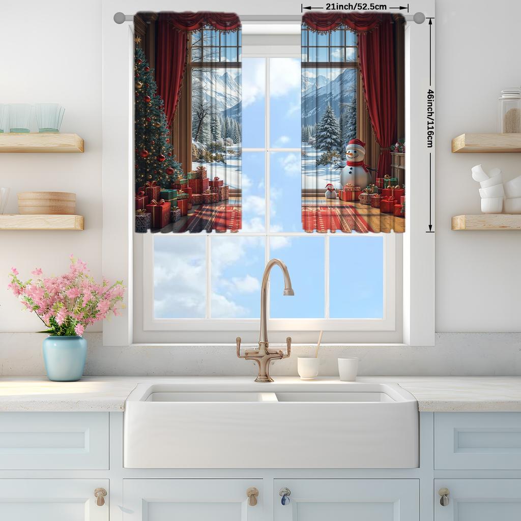 2pcs Christmas Snow Printed Curtain for Christmas Home Decor - Rod Pocket Window Treatment for Bedroom,Office,Kitchen