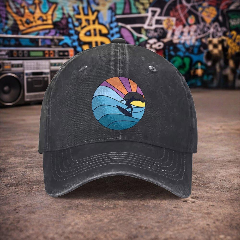 pc Unisex Surfer Sunset Pattern Vintage Washed Baseball Cap UnisexS Trendy Hat Versatile Duck Tongue Hat Fun Print A Uniq