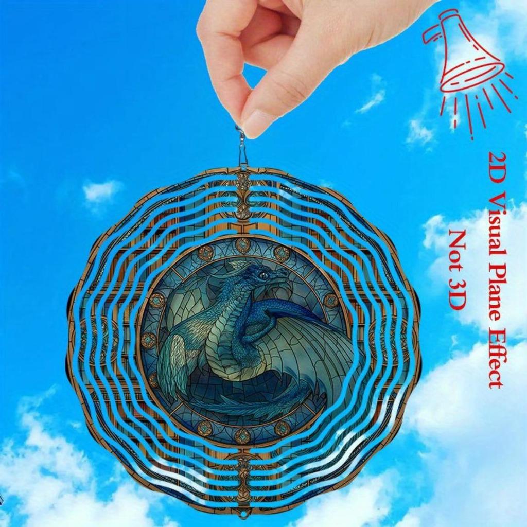 Stained Glass Dragon Wind Chime Outdoor Decor 10 Inch Rotating Metal Garden Art Handmade Asian Style Patio Hanging Ornament Gift for Home