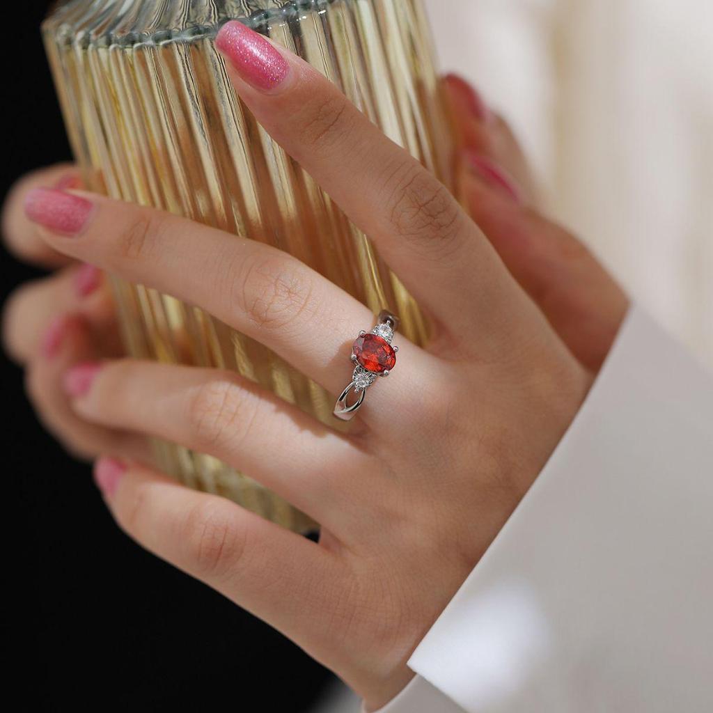 Elegant Oval Garnet Red Zircon Ring - European & American Style, Light Luxury Wedding Accessory for Women