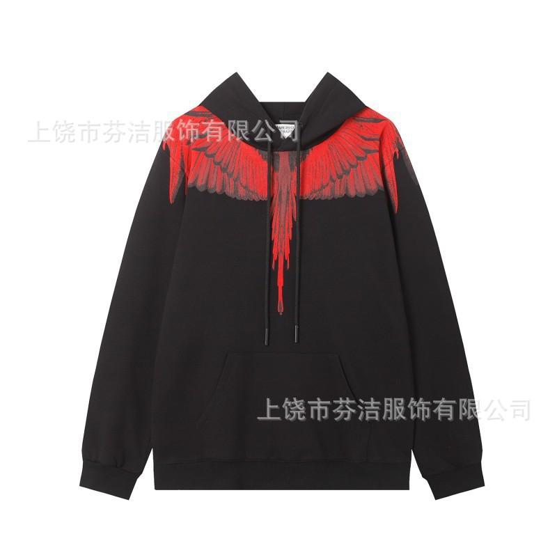 American street lightning wing print jacket men's and women's autumn and winter black loose shoulder heavy trendy hooded top