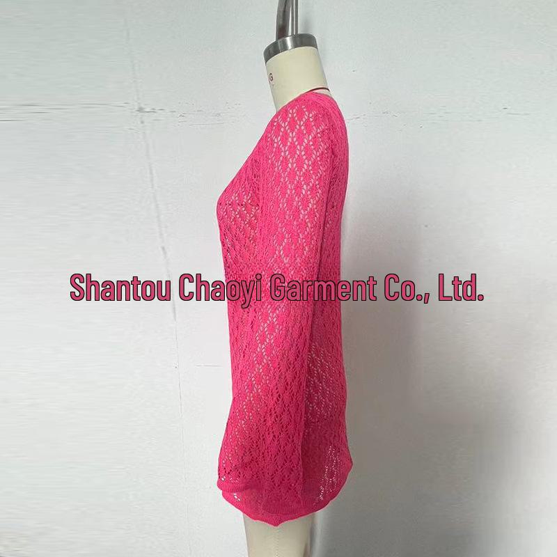 European & American V-Neck Long-Sleeve Hollow Texture Holiday Dress with Backless Design