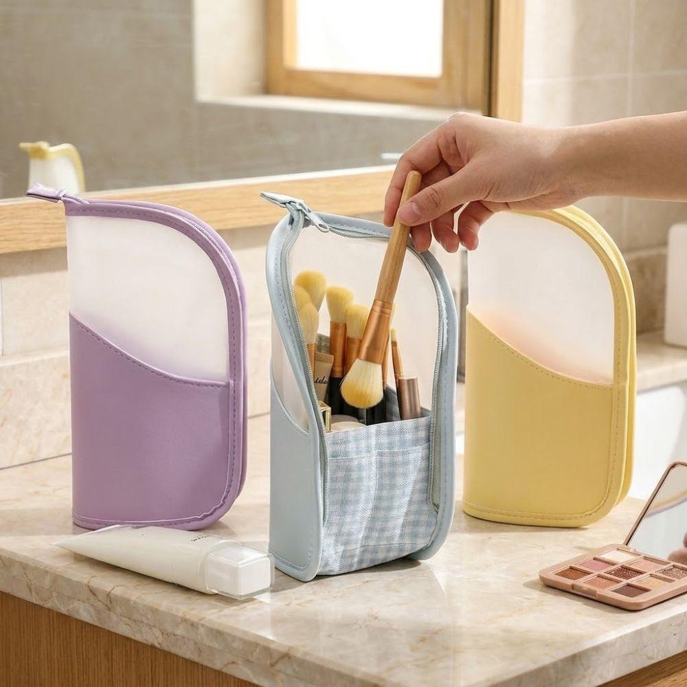 Waterproof Toothbrush Toiletry Pouch Clear Zipper Closure Portable Beauty Holder Large Capacity Vertical Stand Cosmetic Bag